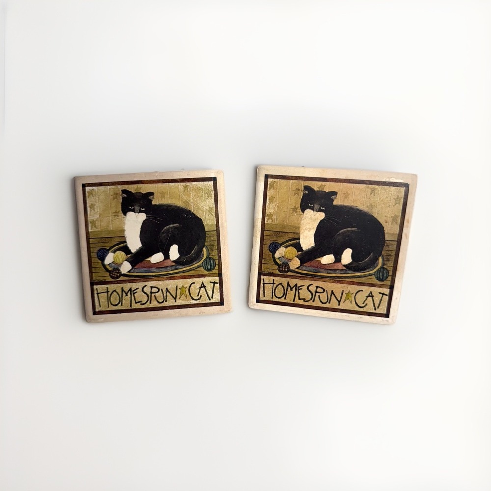 Set of 2 Cat Coasters – Black & White Homespun Cat Yarn Ball Design – Cork Back
